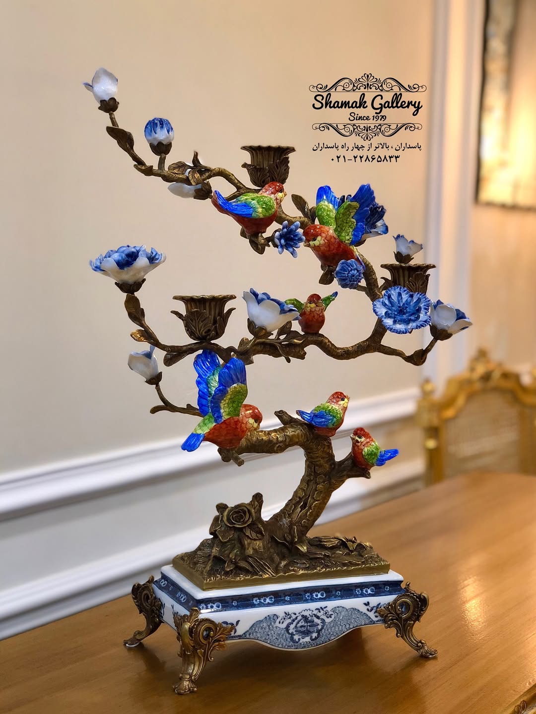 شمعدان چینی و برنز سه شاخه گنجشک - 