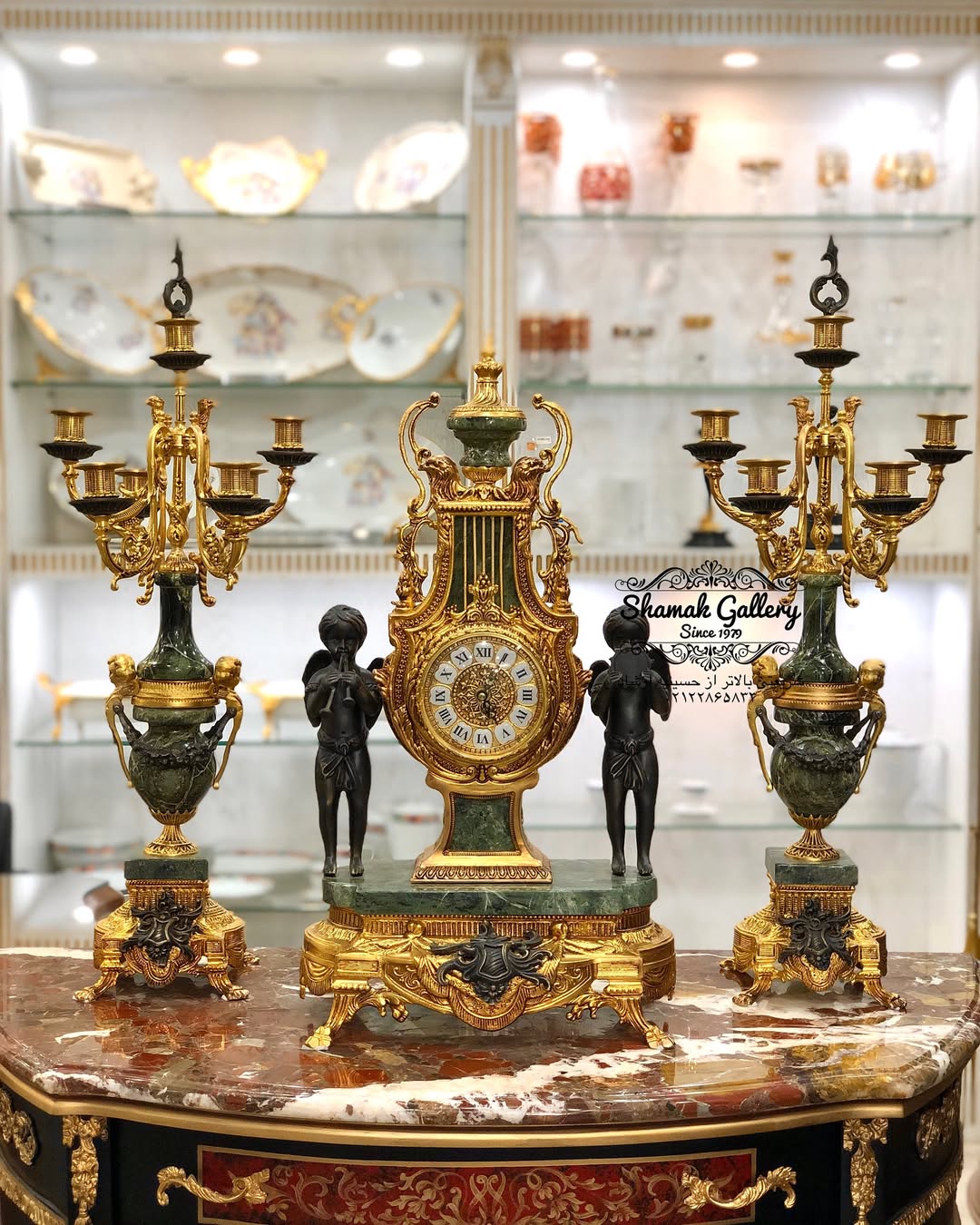 ساعت و شمعدان سنگ و برنز - 