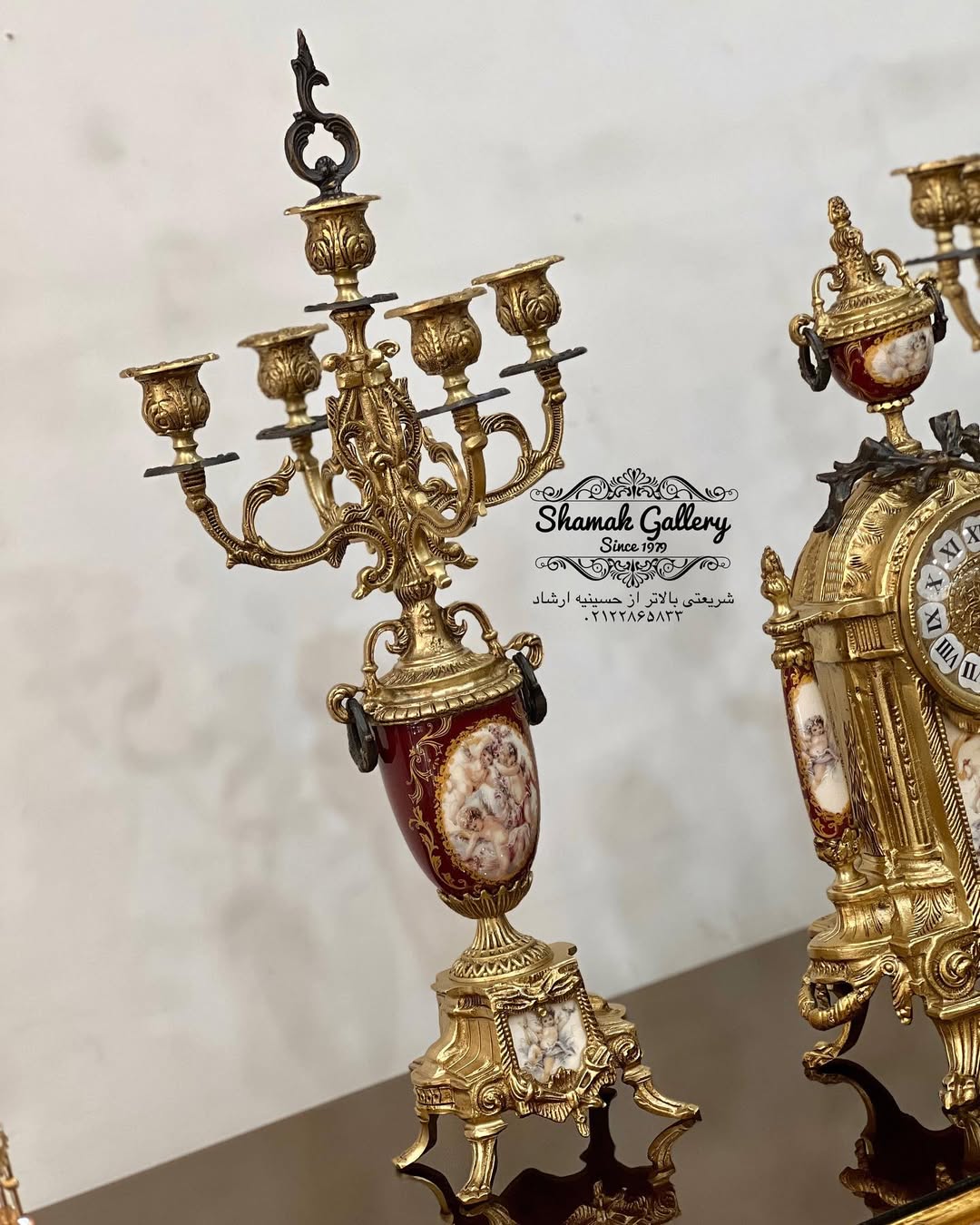 ساعت و شمعدان چینی و برنز طرح لانچینی ایتالیا - 