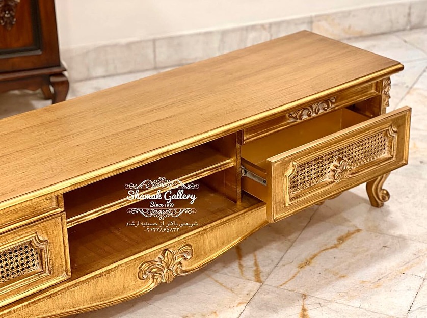 میز تلویزیون 2کشو حصیری ورق طلا 180 سانت - 