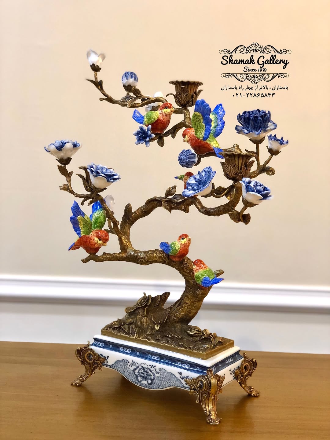 شمعدان چینی و برنز سه شاخه گنجشک - 