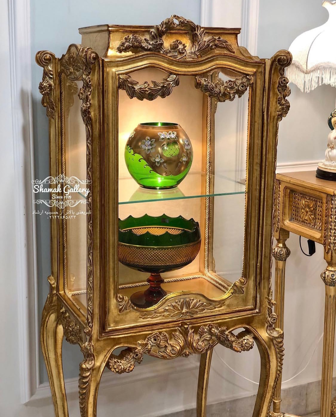 ویترین پایه بلند تمام چوب ریسه ای منبت مصری - 