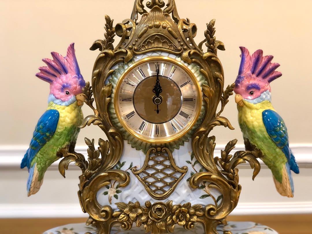 ۳ تیکه ساعت و شمعدان طوطی  با پایه و دسته برنزی و ساعت دسته طوطی - 