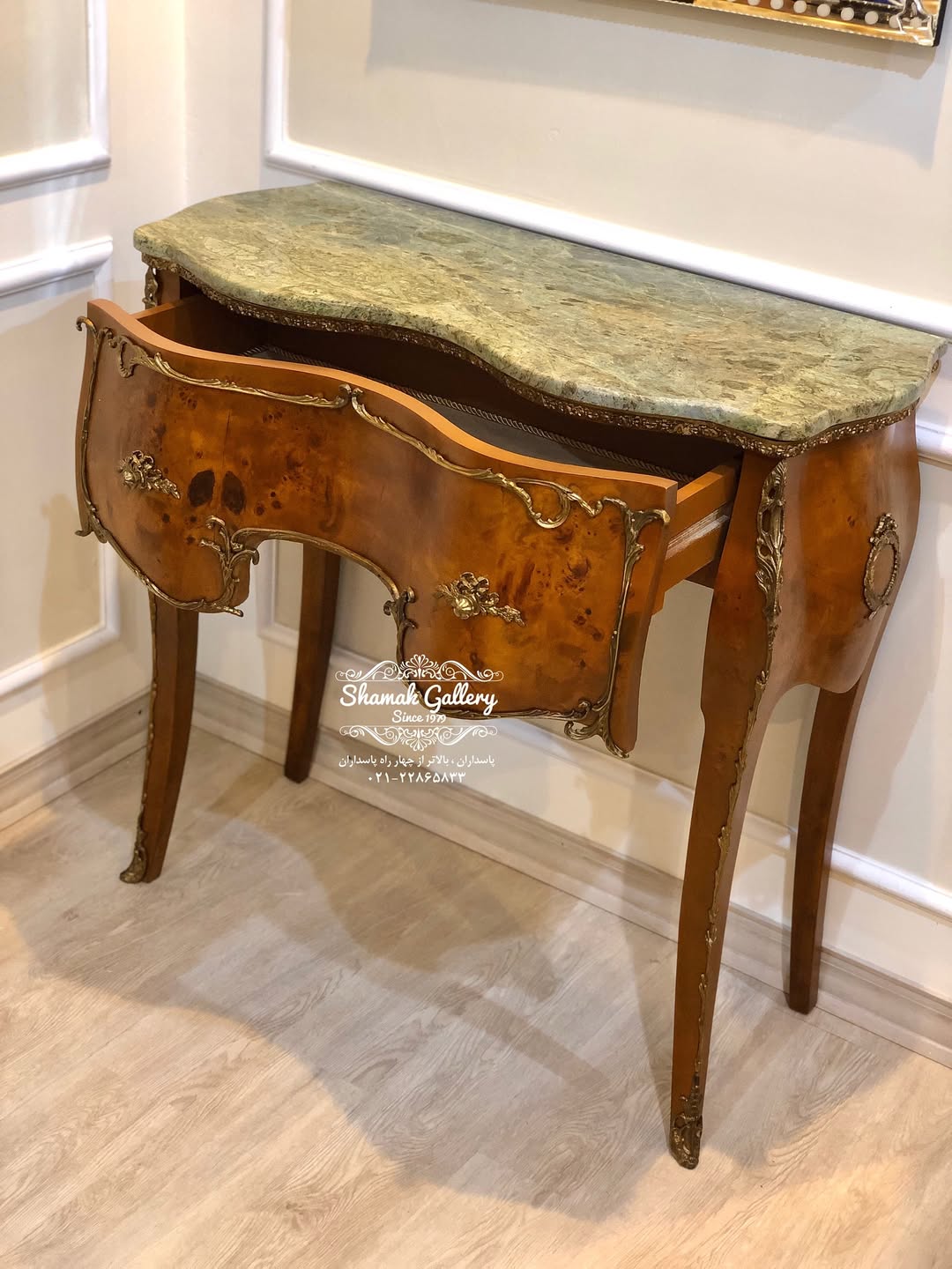 کنسول تک کشو چوب و برنز - صفحه شیشه  - 