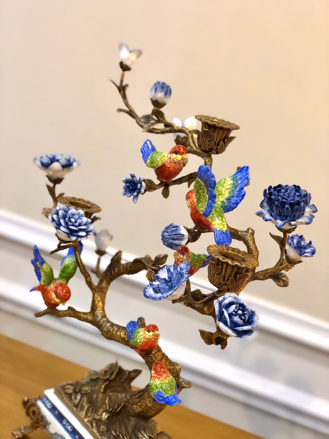 شمعدان چینی و برنز سه شاخه گنجشک - 