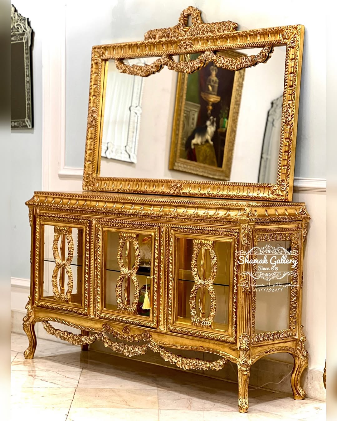 آینه و کنسول ویترین دار، سه‌درب منبت مصری - 