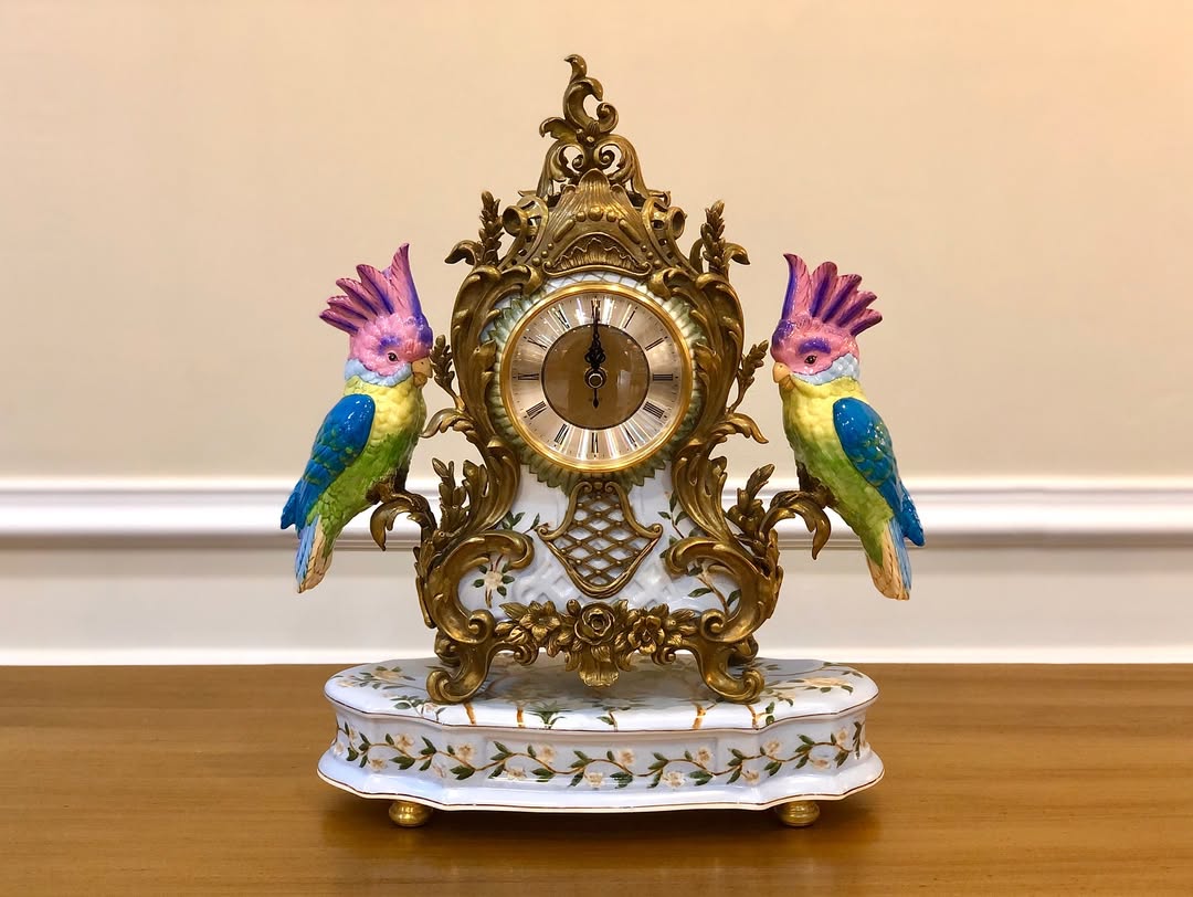 ۳ تیکه ساعت و شمعدان طوطی  با پایه و دسته برنزی و ساعت دسته طوطی - 