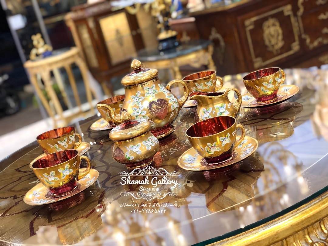 ست چای‌خوری طلاکوب گل‌برجسته قرمز - 