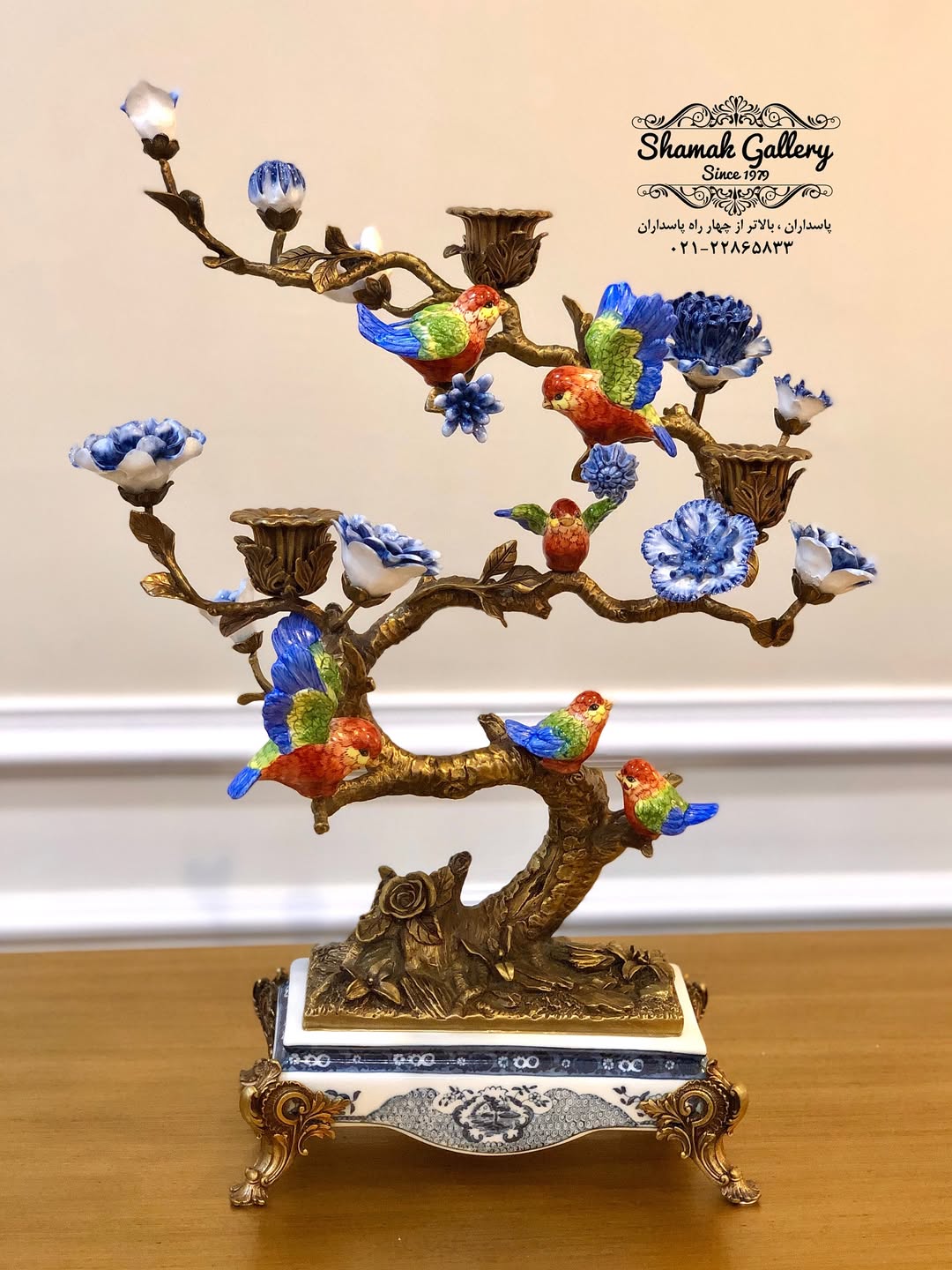 شمعدان چینی و برنز سه شاخه گنجشک - 