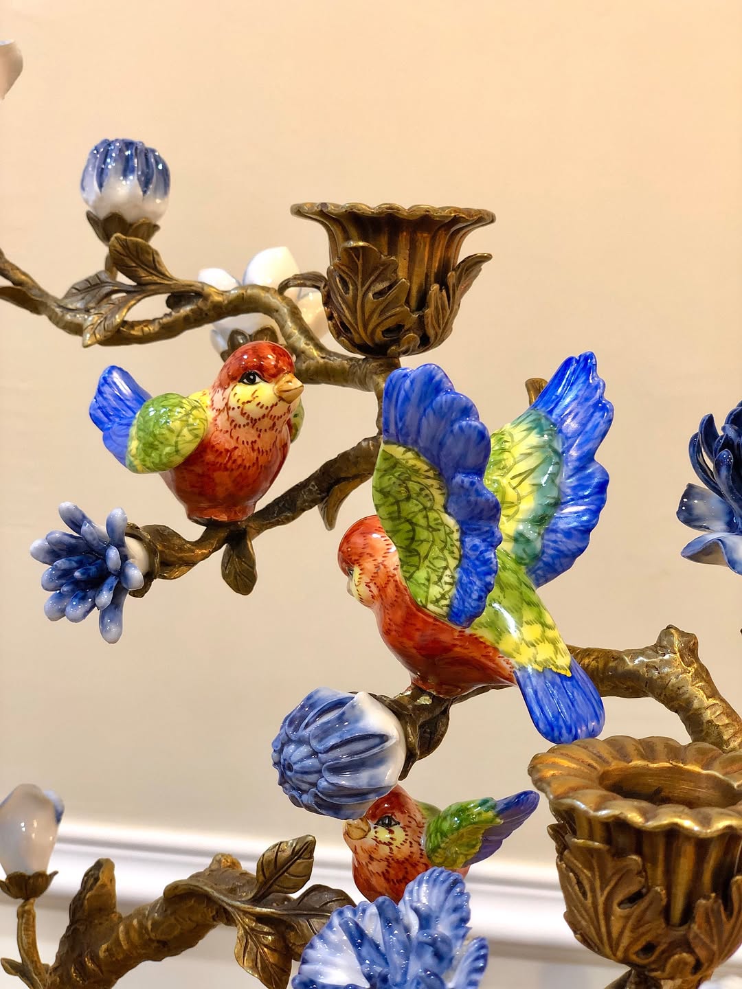 شمعدان چینی و برنز سه شاخه گنجشک - 