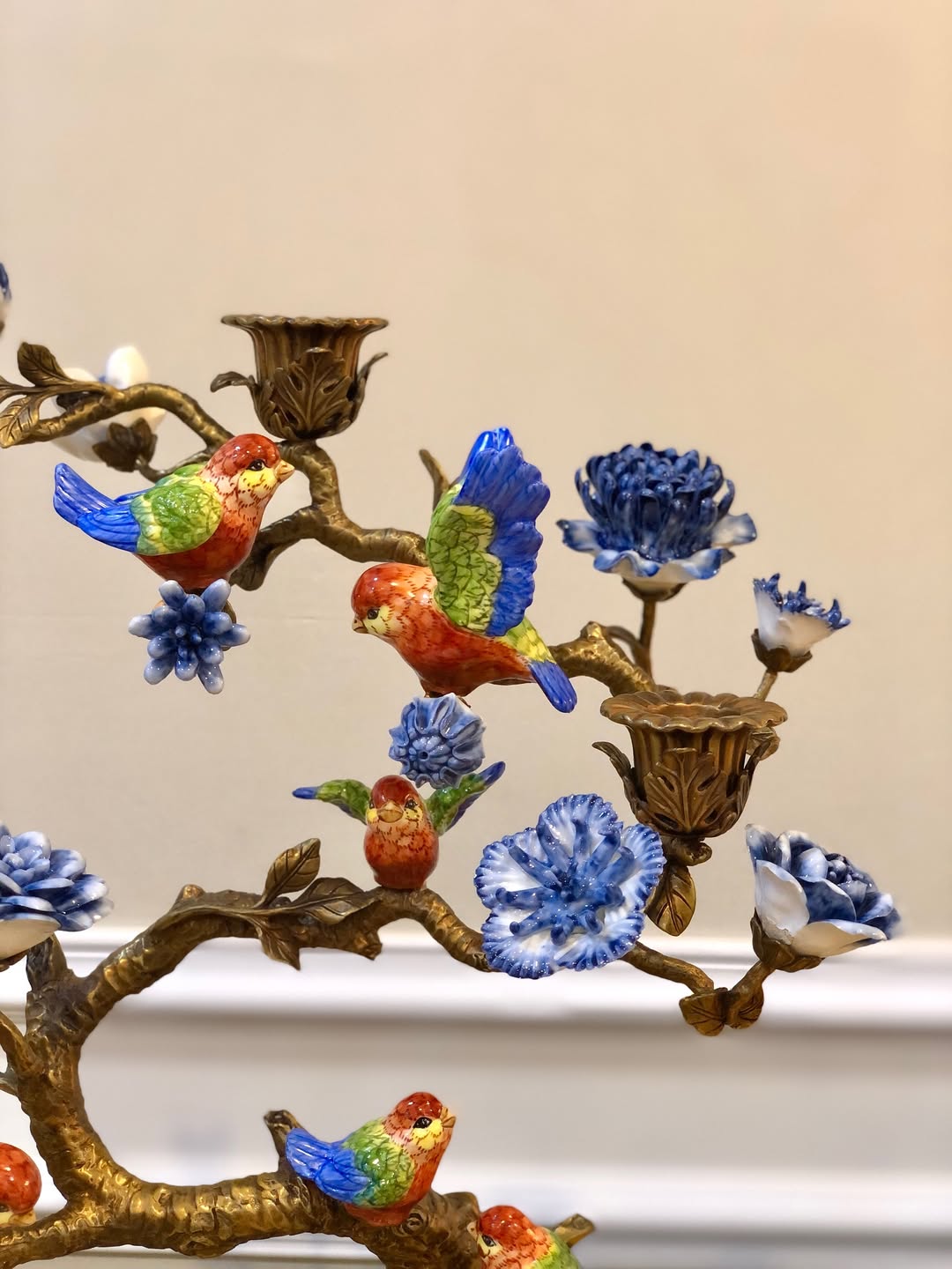 شمعدان چینی و برنز سه شاخه گنجشک - 