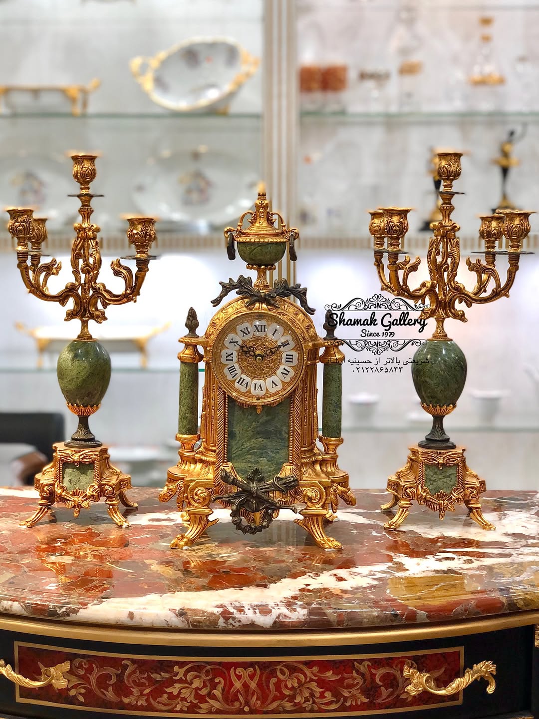 ساعت و شمعدان سنگ و برنز طرح لانچینی ایتالیا - 
