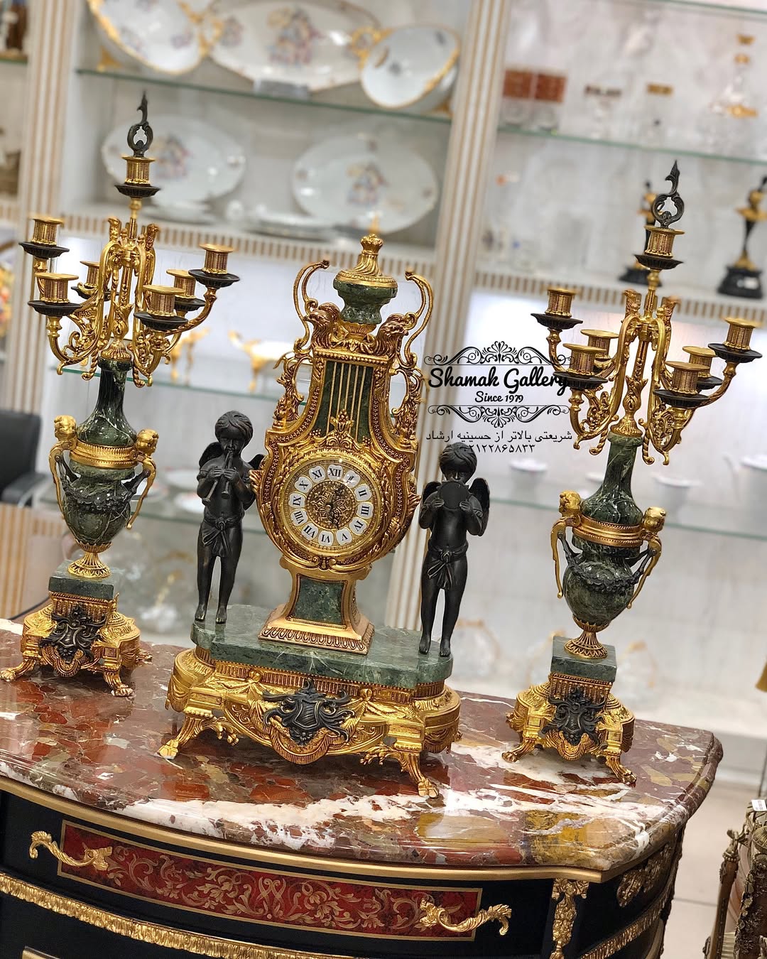 ساعت و شمعدان سنگ و برنز - 