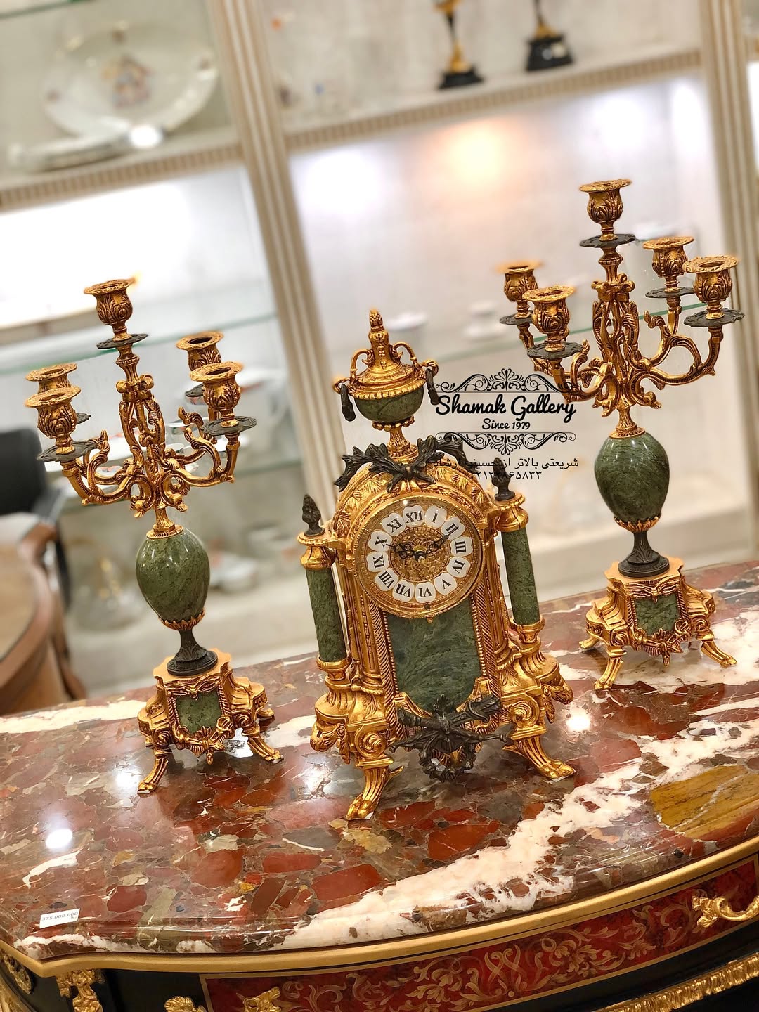 ساعت و شمعدان سنگ و برنز طرح لانچینی ایتالیا - 