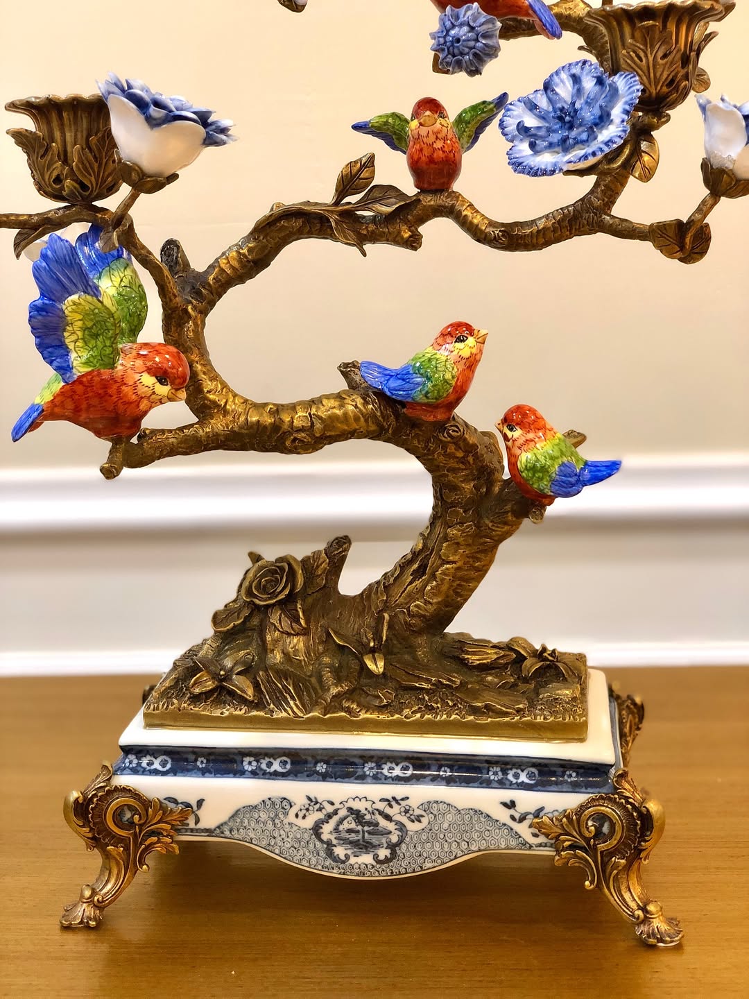 شمعدان چینی و برنز سه شاخه گنجشک - 