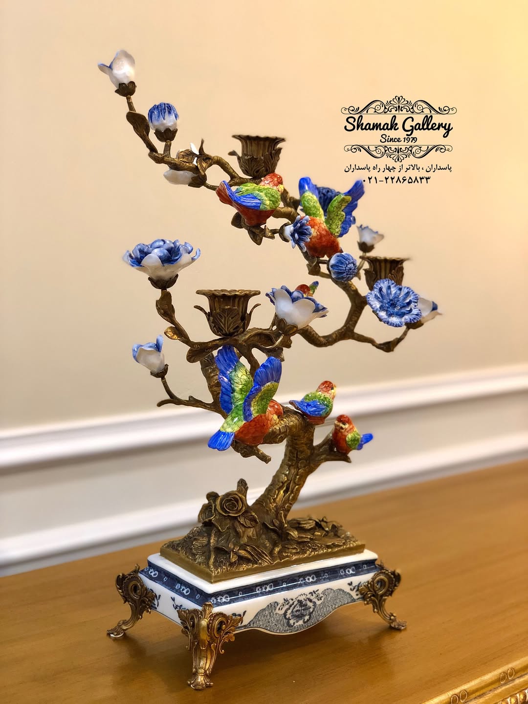 شمعدان چینی و برنز سه شاخه گنجشک - 