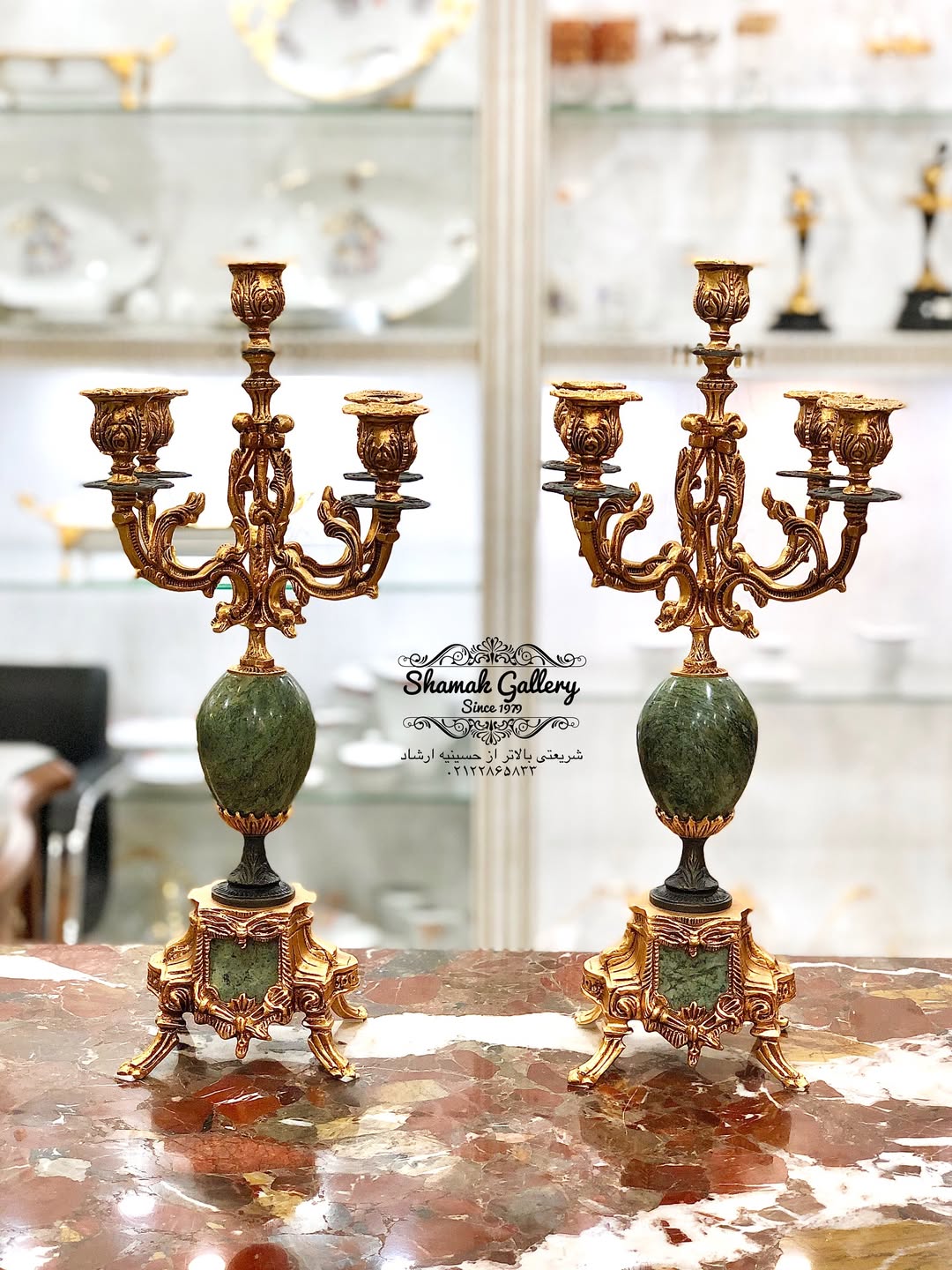 ساعت و شمعدان سنگ و برنز طرح لانچینی ایتالیا - 