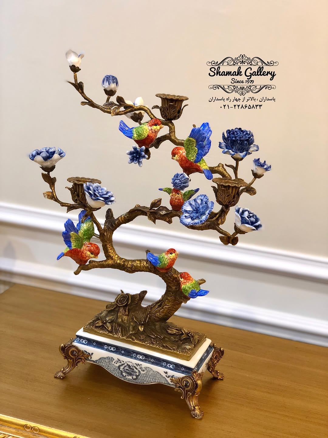 شمعدان چینی و برنز سه شاخه گنجشک - 